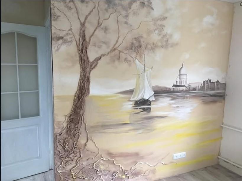 Interior — shore with a sailboat